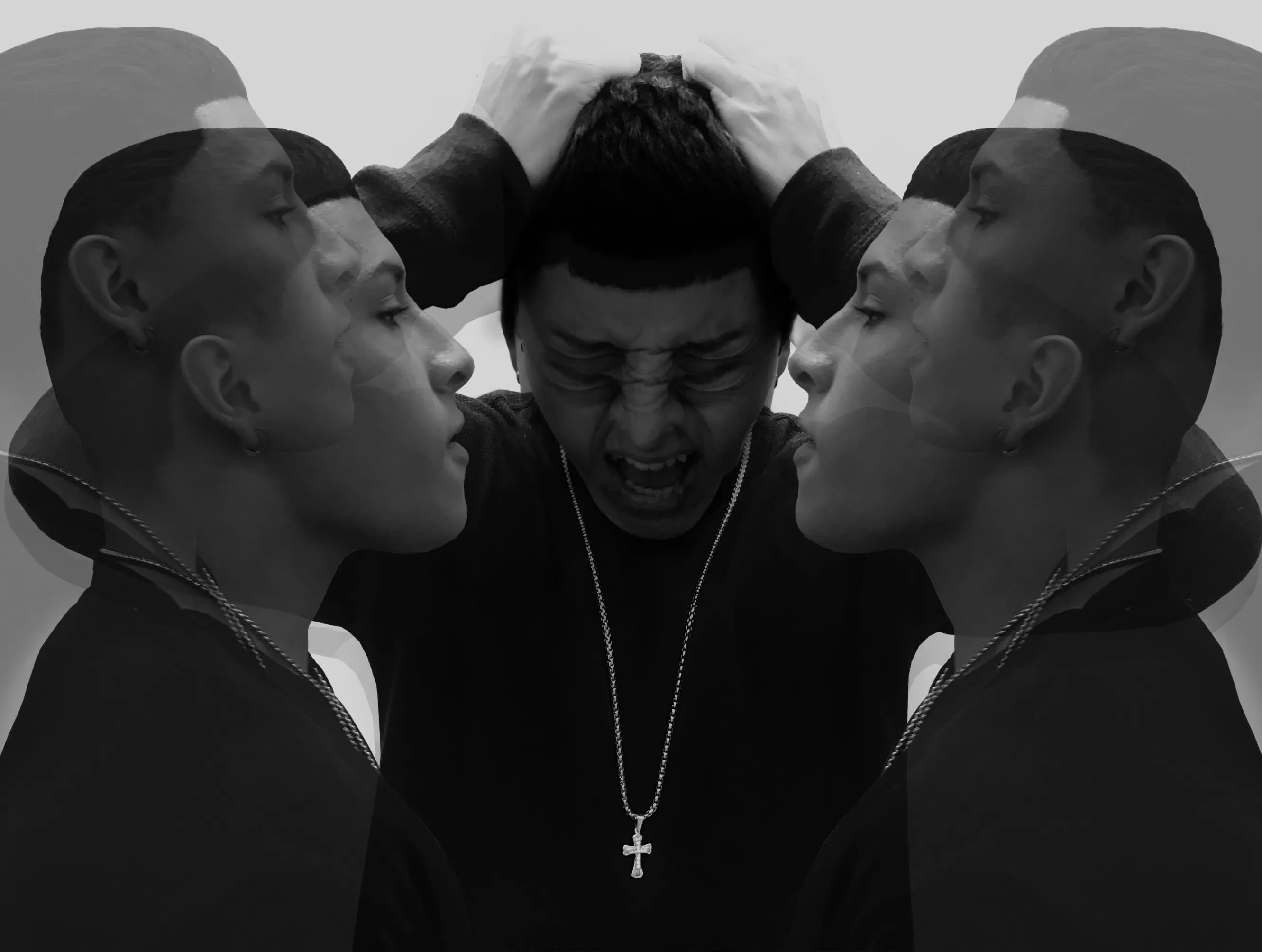Black-and-white composite portrait of three figures