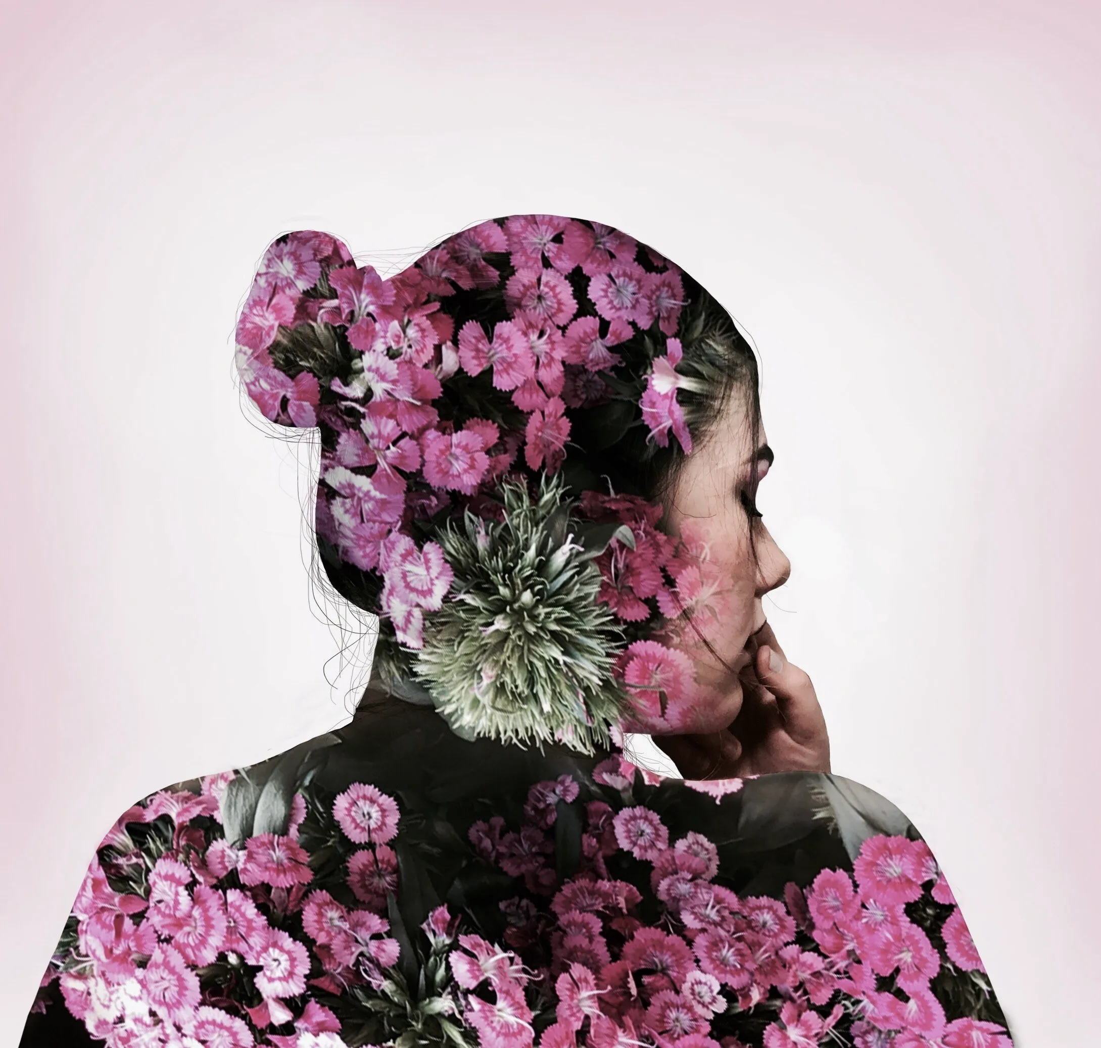 Double portrait layered with pink flowers