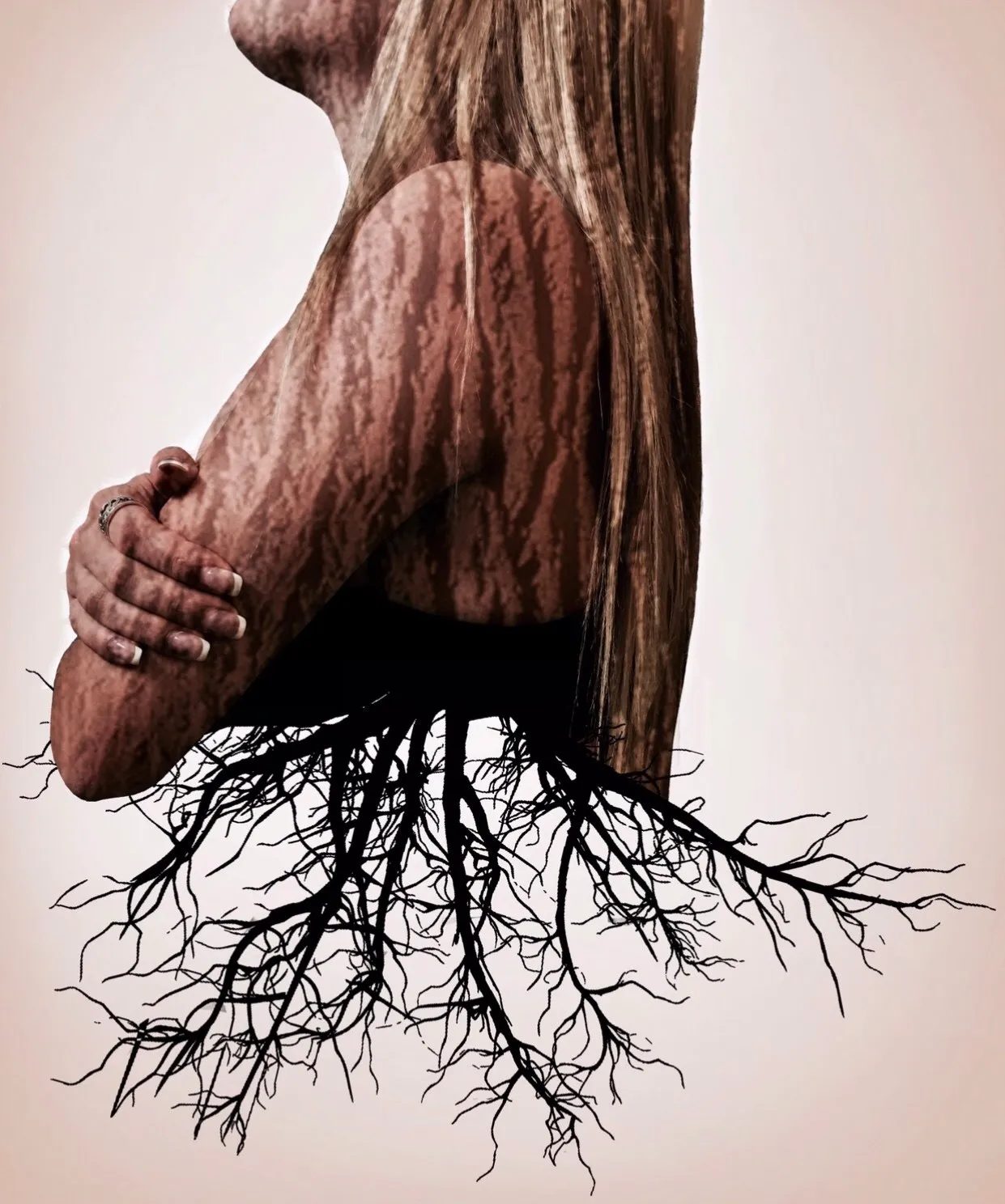 Figure whose hair transitions into tree roots