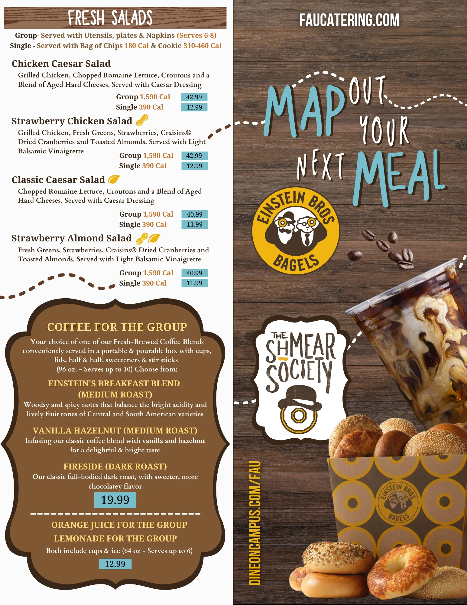 Einstein Bros. Bagels catering menu featuring salads, coffee, and bagels