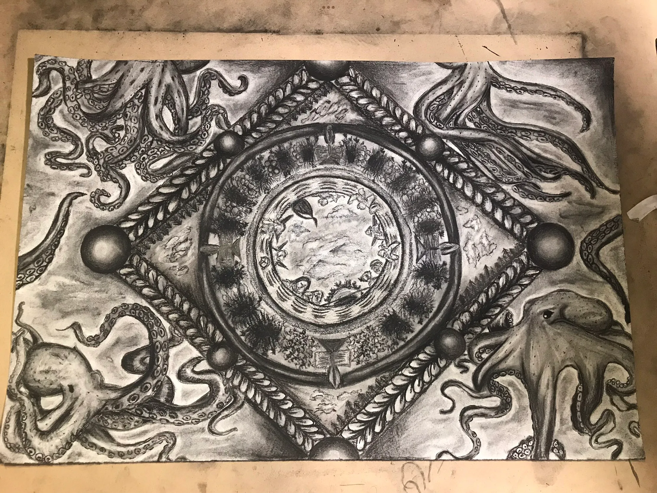 Detailed black-and-white drawing of an eye surrounding a clock face