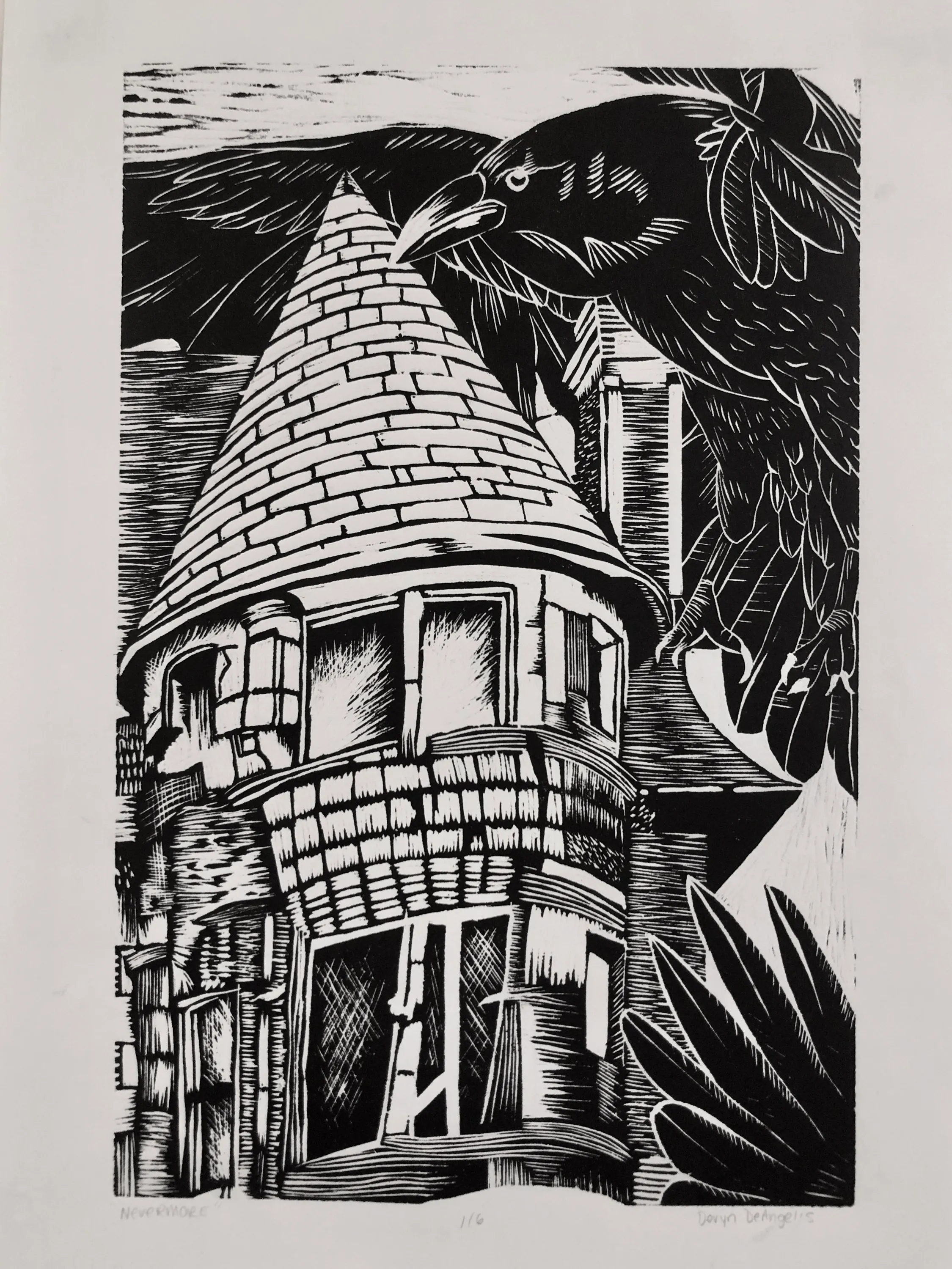 Black-and-white print of a rounded tower framed by leaves