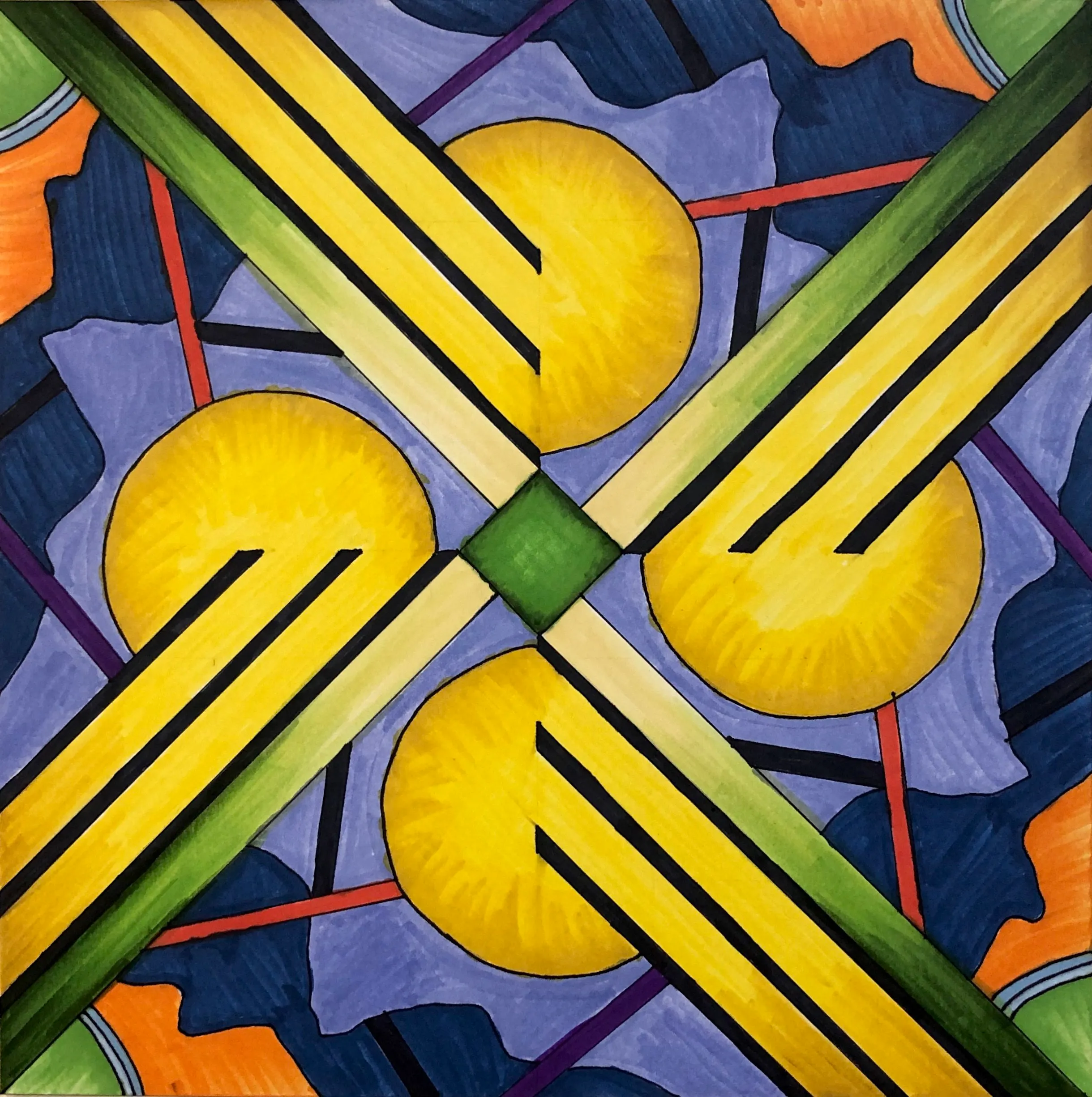 Colorful geometric composition with intersecting yellow forms